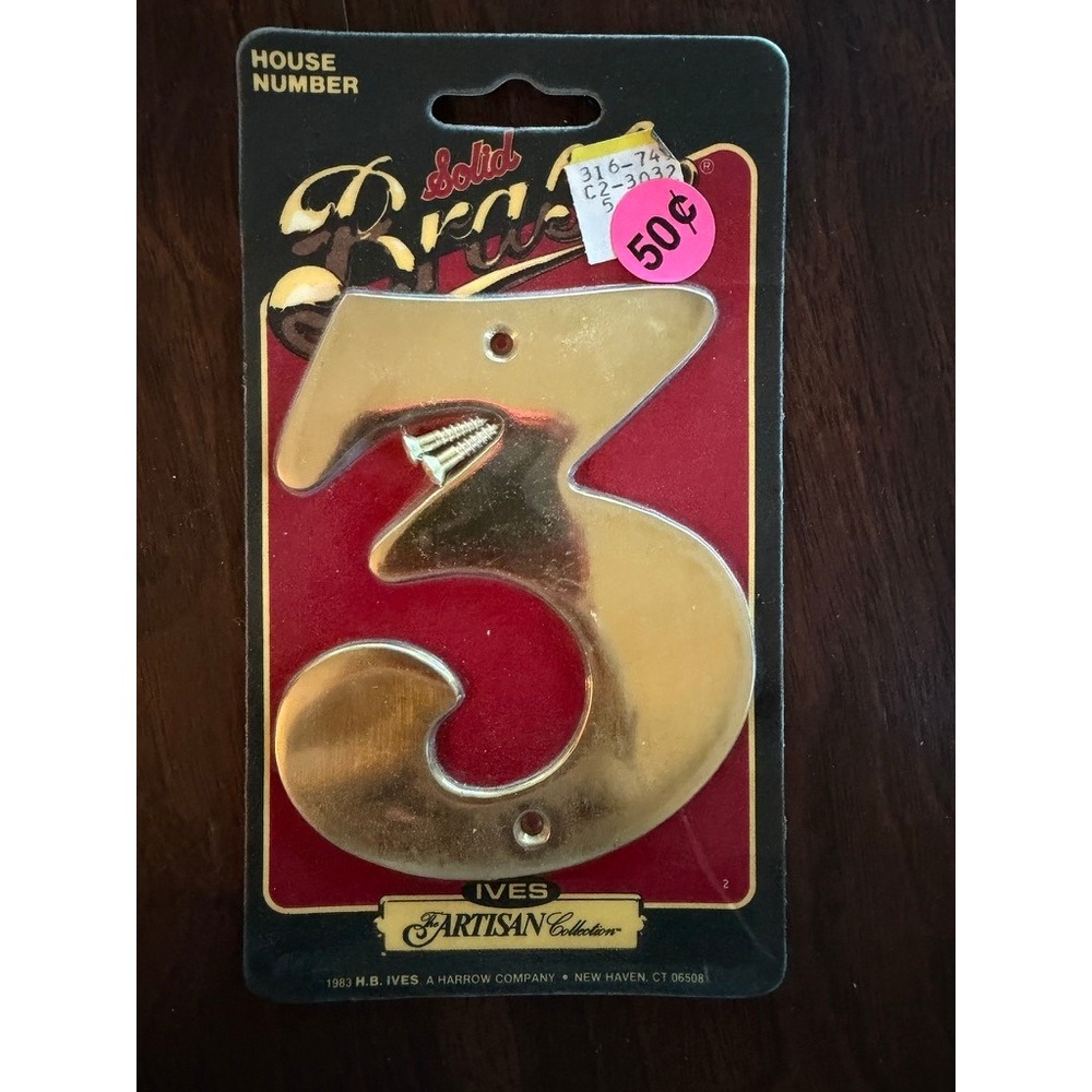 Ives Artisan Collection 4.5" Solid Brass House Number "3" w Screws New NOS 1983